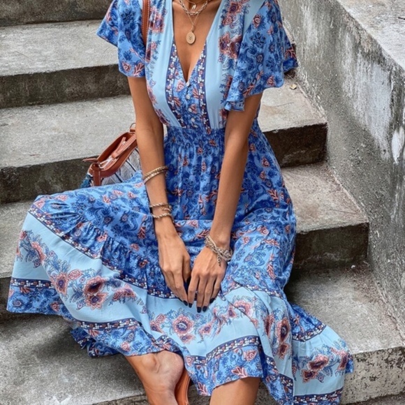 boho blue floral print v neck button ruffle dress - Picture 6 of 8